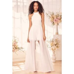 Lulus Love Speaks White‎ Lace Halter Maxi Romper Wedding dress S - BNWT